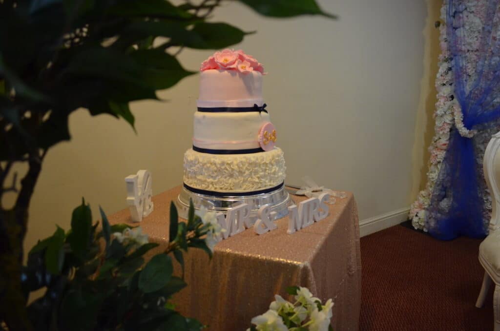 Cake Table with Rose Gold Table Linen-FabulousFunctionsUK