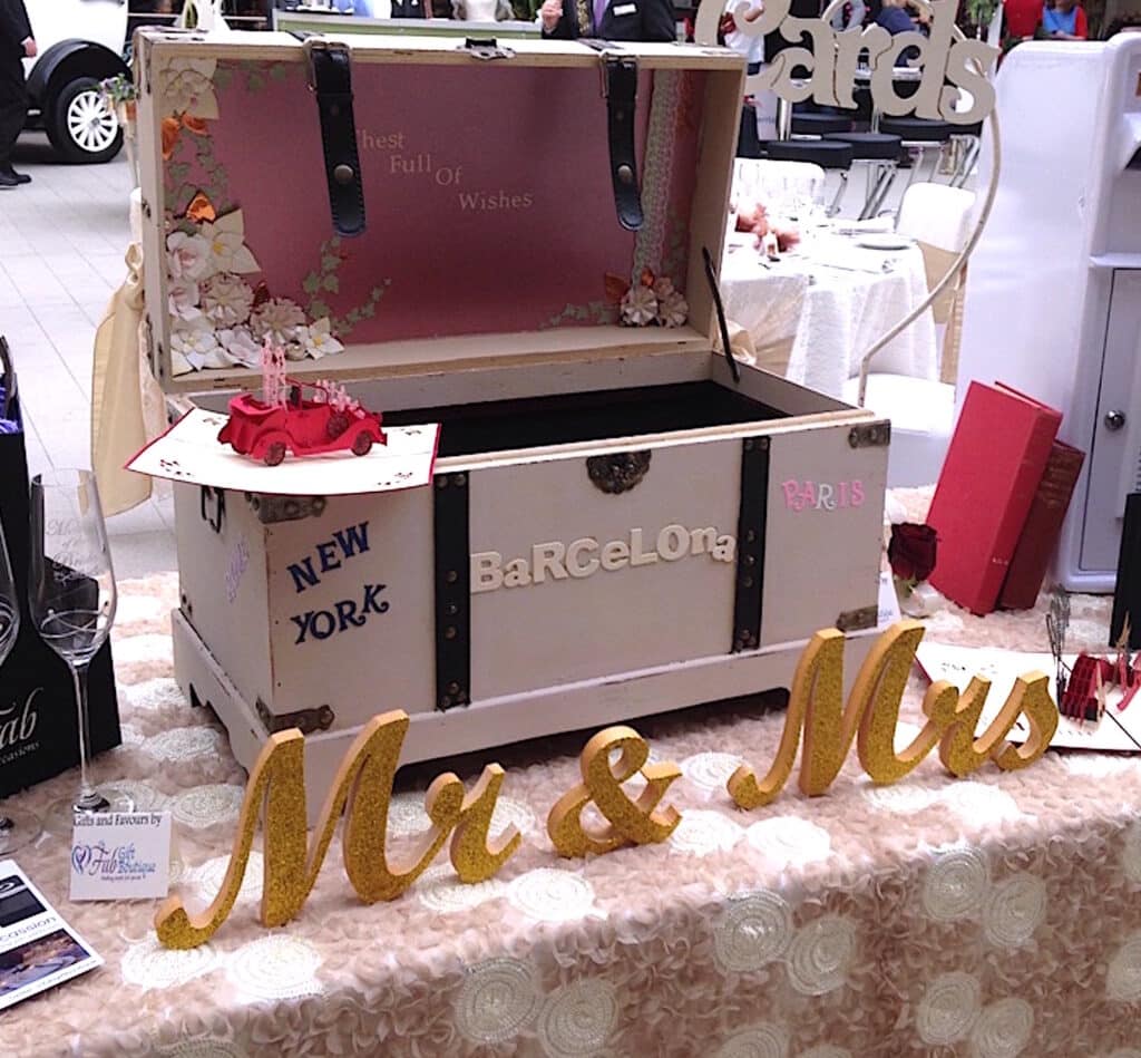 Treasure chest Post box for guest well wishing cards available for hire from Fabulous Functions Uk