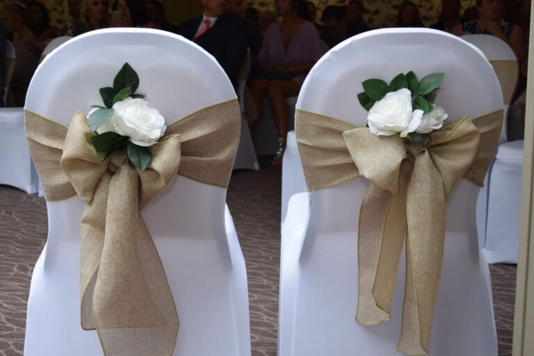 Linen Hessian sash with floral decor, a lovely addition for a rustic wedding and perfect with the hessian sashes