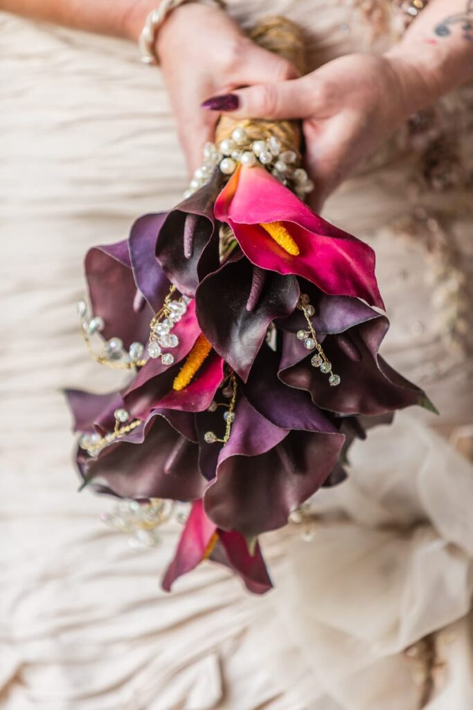 Silk bouquet created with Cala lilys and crystals - Fabulous Functions UK