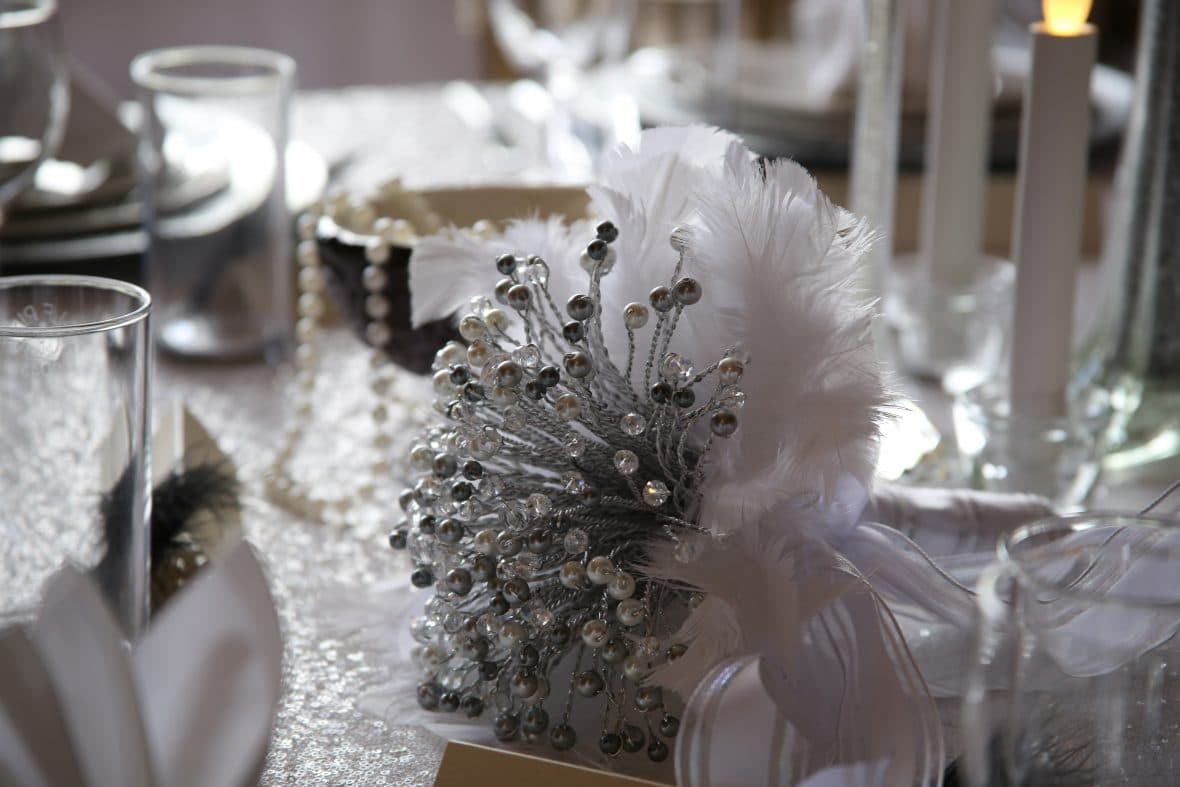 Bouquet created with crystals and pearls with a feather collar - Vintage Venue Styling Ideas - 30s theme styling