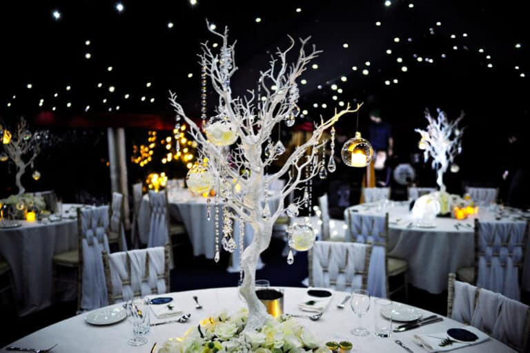 A beautiful winter themed table decor for this winter wonderland wedding themed decor.  Decor styling created by Fabulous Functions UK 