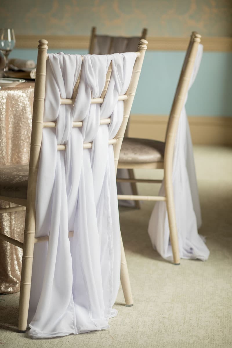 Weaved chiffon chair decor on Chiavari chairs -Fabulous Functions UK