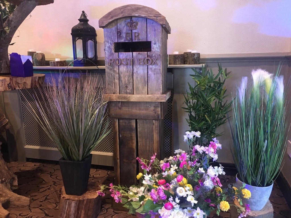 Wedding Card Post Boxes -Rustic Post Wooden Box with Spring flowers available from Fabulous Functions UK