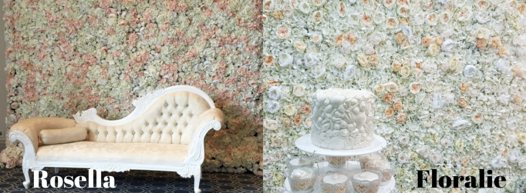 Rosella is a blush pink and cream flower wall and Rosella is a peaches and cream themed flower wall. Both are available from Venue Stylist and Accessory Hire Fabulous Functions UK.