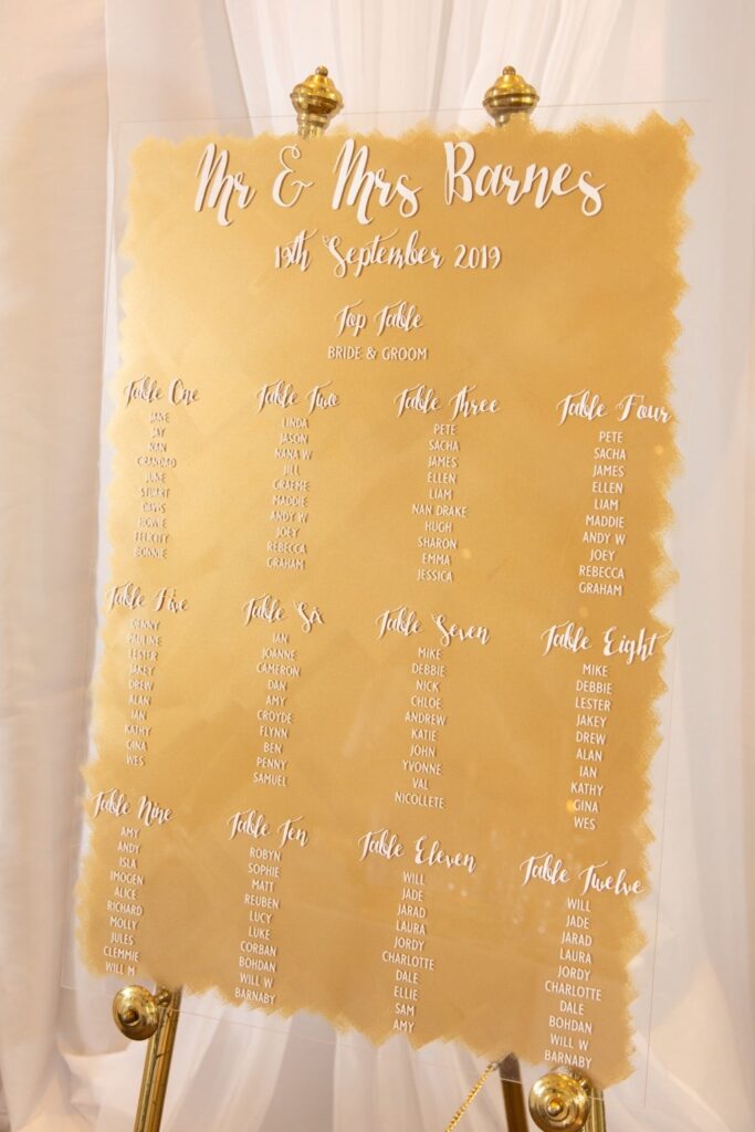Acrylic guest seating plan featuring white font on a gold painted background.