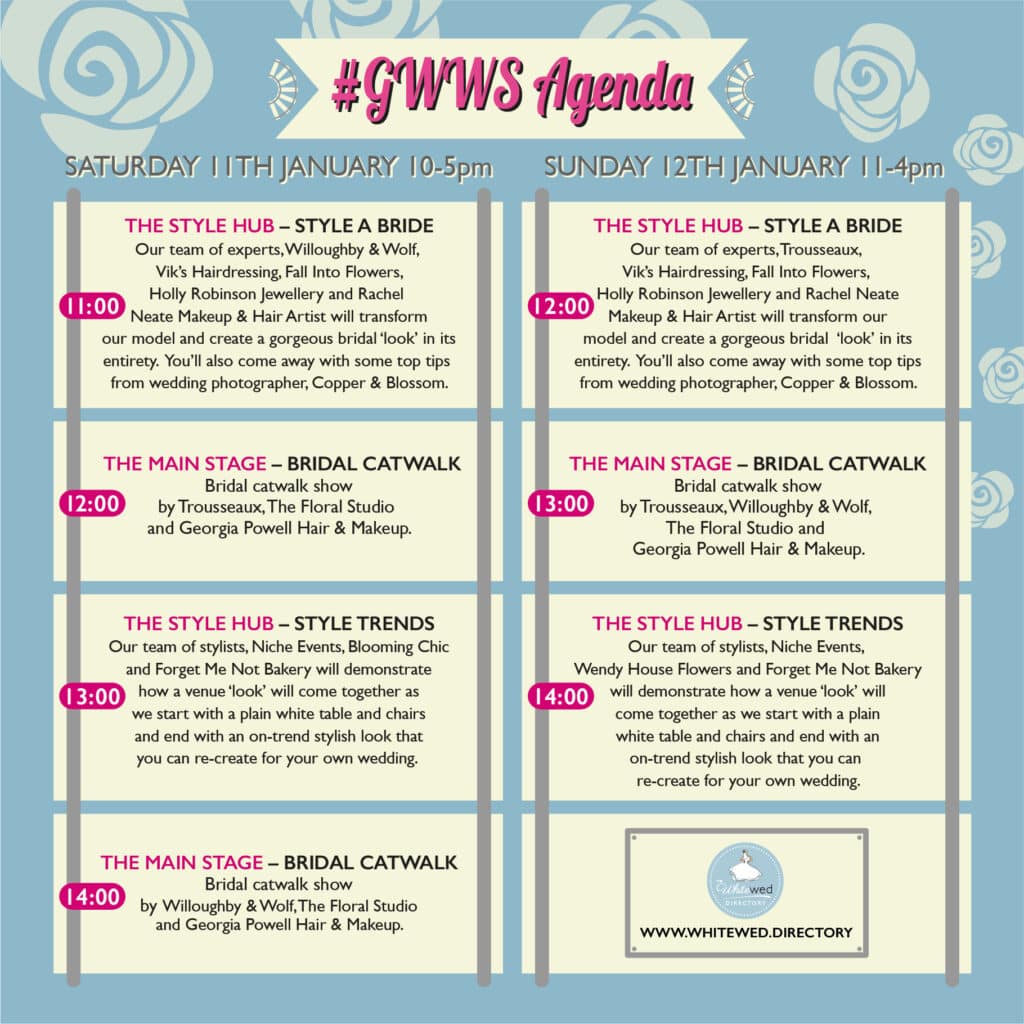 The agenda for the Great Western Wedding Show on the 11th and 12th Jan 2020