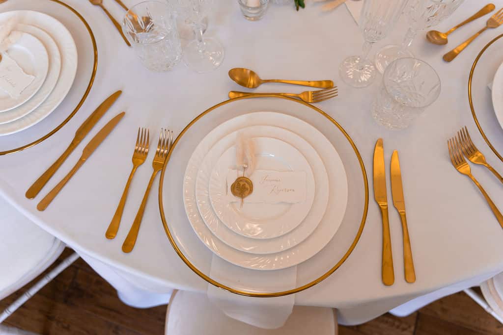 Gold Rimmed glass charger plates-Wedding decor hire from Fabulous Functions UK