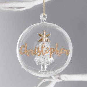 Glass Christmas tree bauble with a christmas tree inside it and saying 'Christopher' on it - Personalised glass Christmas Tree Baubles