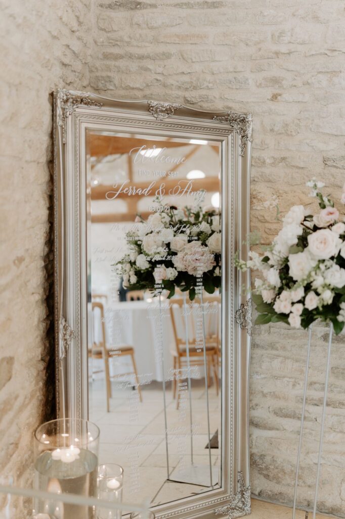 This beautiful mirror table plan is a gorgeous addition to your venue décor and will delight your guests. It is available when you book the Reach for The Stars Styling Collection which is one of our four venue styling collections available for you to choose from. Contact Fabulous Functions UK for more info. 