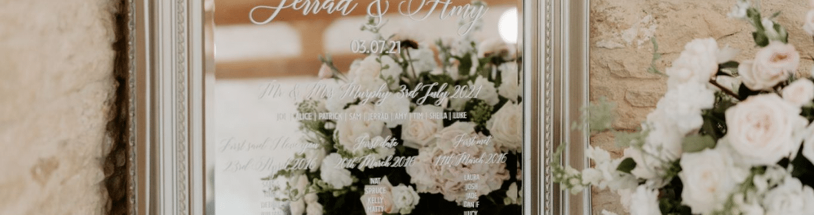 Mirrored Table Plans- Using a large mirror to create a statement decor in your venue. The guest names were printed in white vinyl and applied to this beautiful mirror. Add floating candles in various size cylinder vases to complement the scene. Creted by venue stylist Fabulous Functions UK