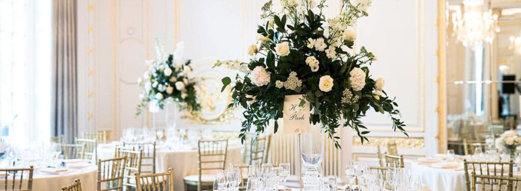 Fresh flowers of roses, lilies, hydrangeas to create this beautiful Centrepieces for a wedding at the Mandarin Oriental Hotel in London UK - Three Wedding Flower Packages