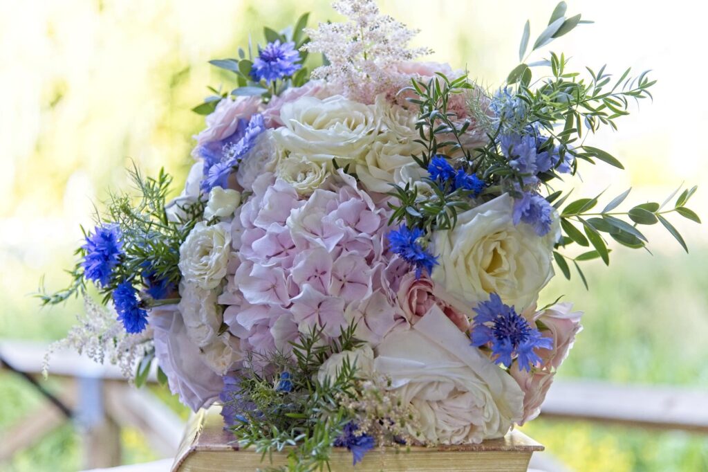 Bridal Bouquet created by Fabulous Functions UK in tone of blush pinks, blues and creams.