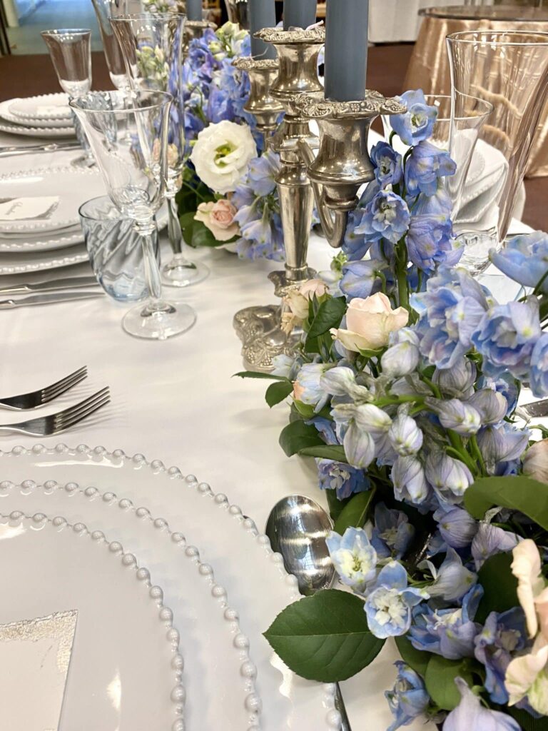 Delphinium low arrangement fresh flowers centrepieces. Wedding flowers by Fabulous Functions UK