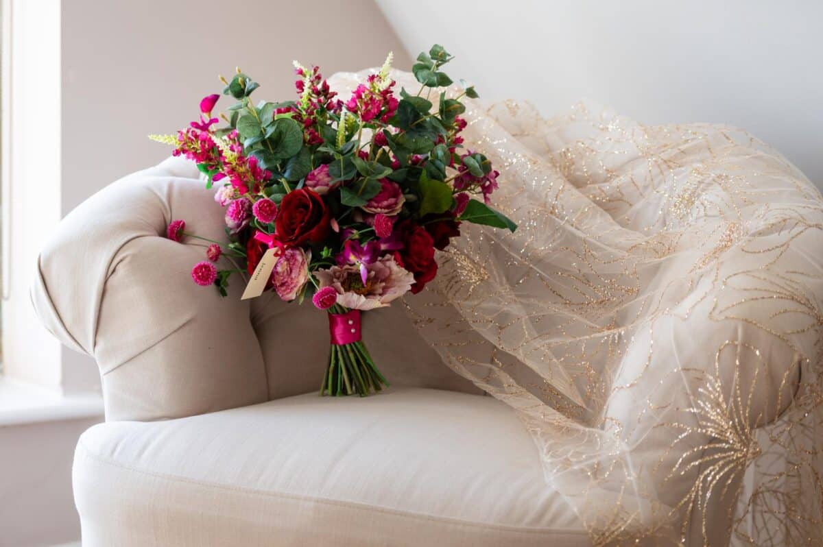 Silk Wedding Flowers for this Burgundy and Fuchsia bridal bouquet for a Pear Tree Purton wedding