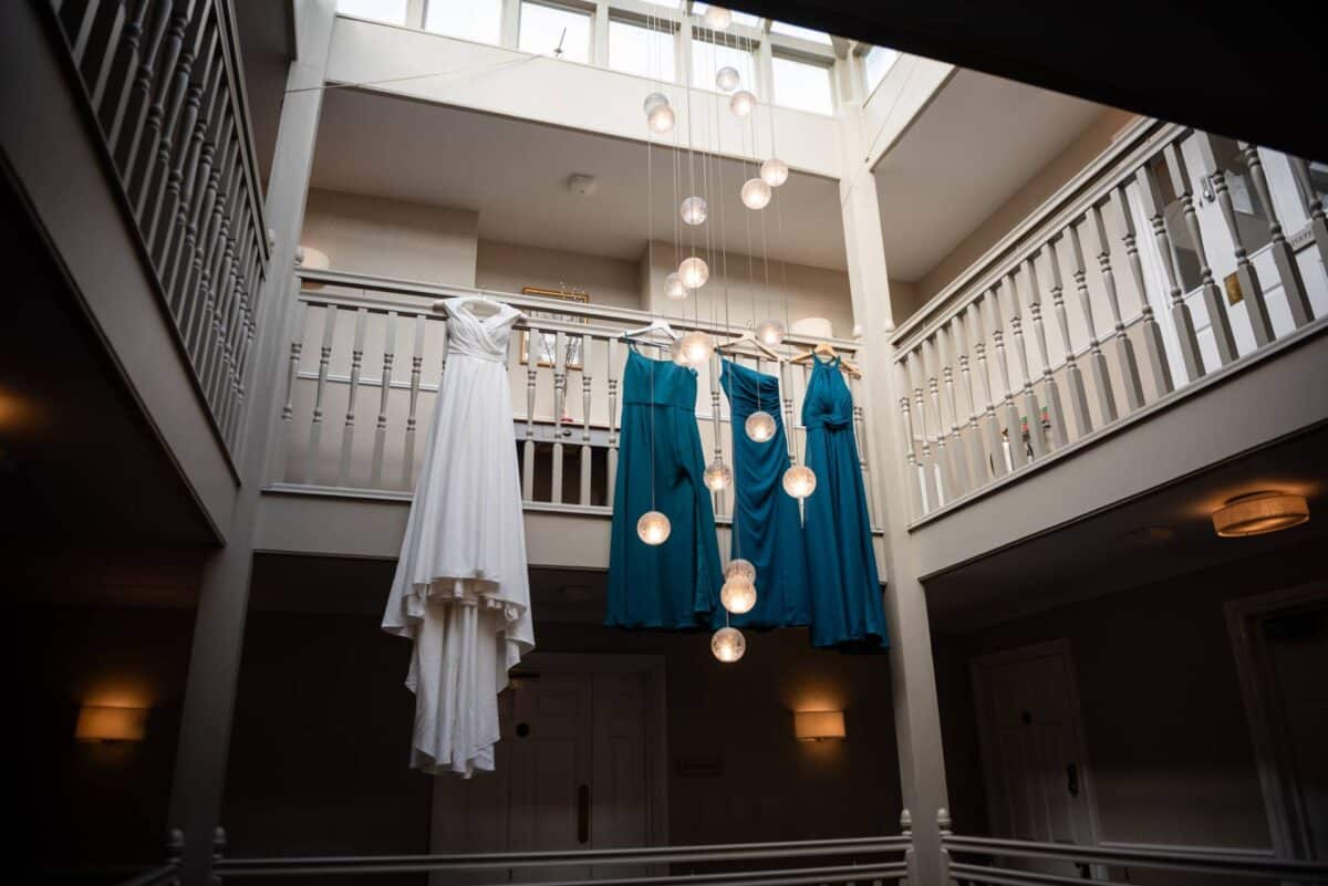 Bridal Party attire displayed from the 2nd floor Balcony at The Pear Tree Purton 