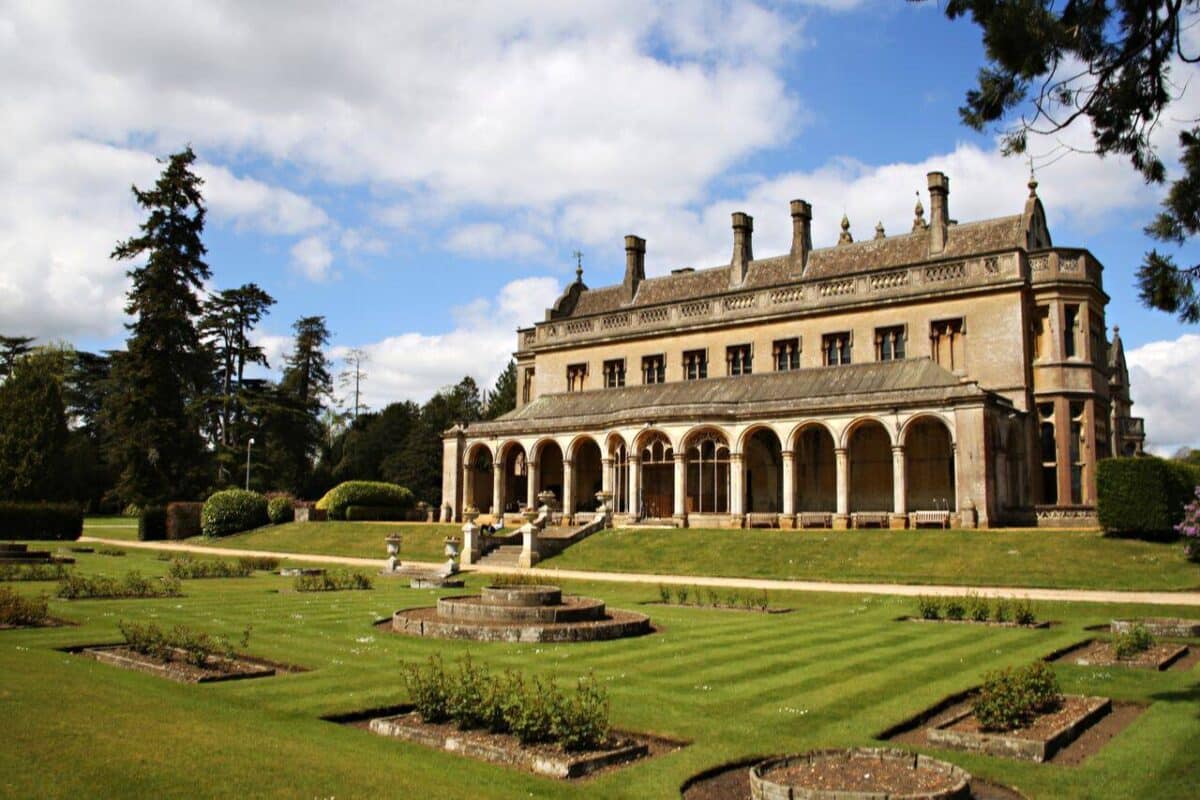 Garden and orangerie and facade of Wiltshire Wedding Venue Grittleton House