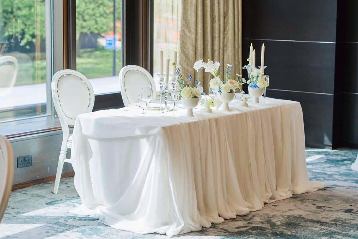 Chiffon draped decor for a sweetheart table at the Intercontinental Park Lane